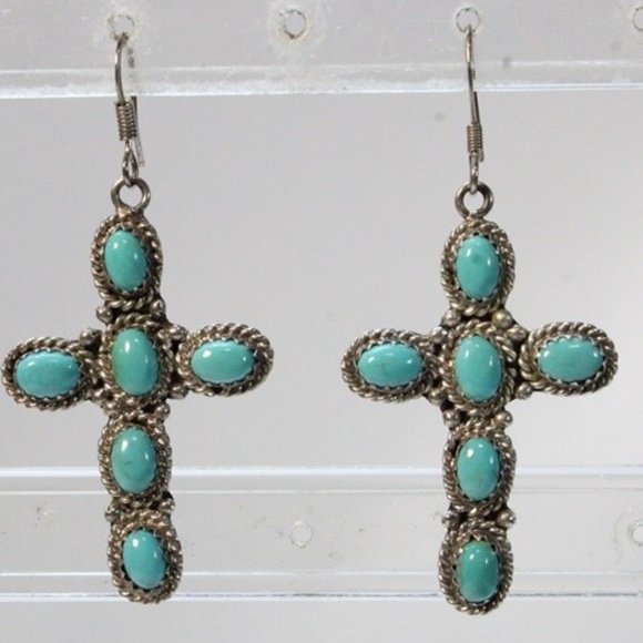 NC Jewelry - SIGNED NC 925 Turquoise Cross Hook Earrings 7.5g